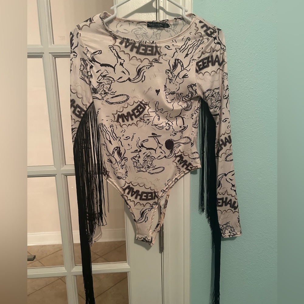 Nasty Gal Yeehaw print Bodysuit with fringe